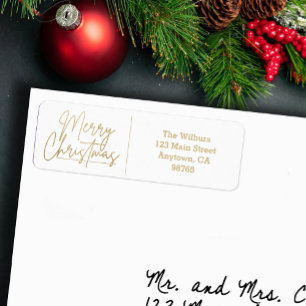 Gold Merry Christmas on White Return Address Label