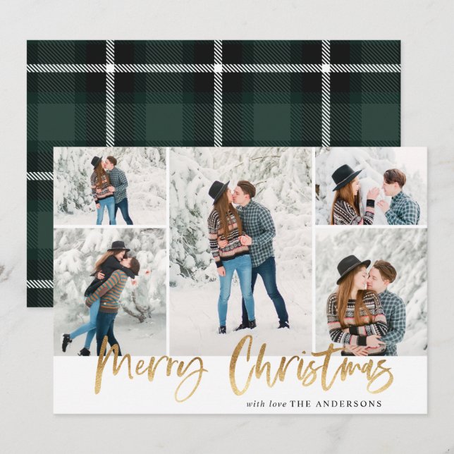 Gold Merry Christmas Photo Card Five Pictures (Front/Back)