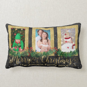 Gold Merry Christmas Photo Lumbar Pillow