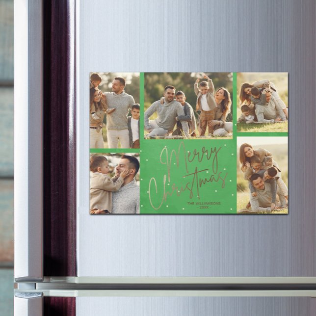 Gold Merry Christmas Photos Green Magnetic Card (Faux gold Merry Christmas 5 photo green border magnetic Christmas cards)