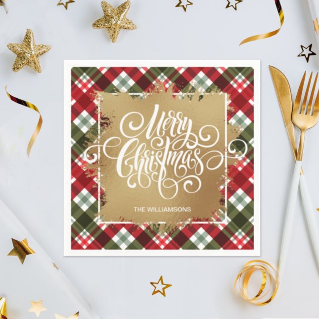 Gold Merry Christmas Plaid Napkin (Creator Uploaded)