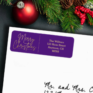 Gold Merry Christmas Purple Return Address Label
