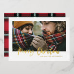 Gold merry christmas red and green plaid photo  foil holiday card<br><div class="desc">foil stylish script merry christmas with coordinating red and green check tartan backer design. Space for a single photo design.</div>