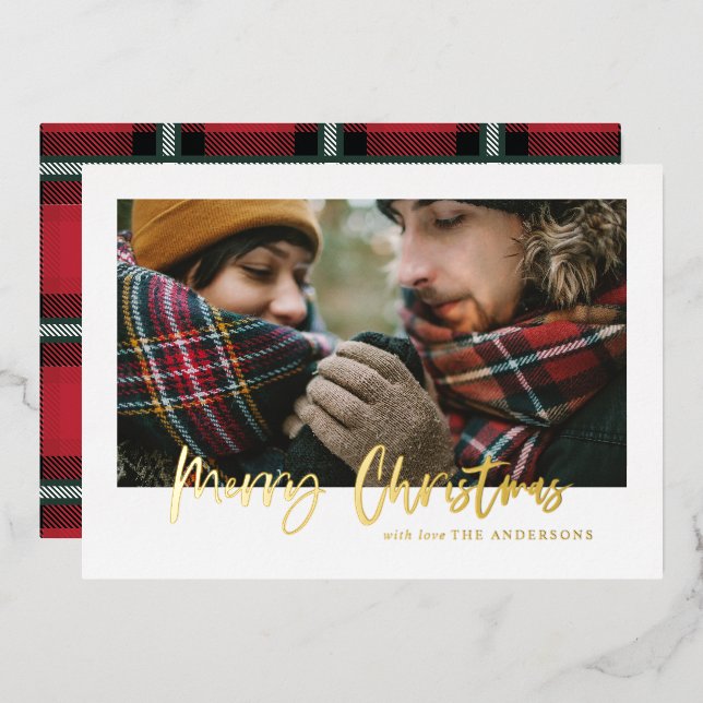 Gold merry christmas red and green plaid photo  foil holiday card (Front/Back)