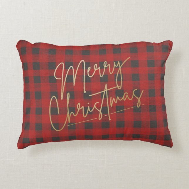Gold Merry Christmas Red Buffalo Plaid Accent Pillow (Front)