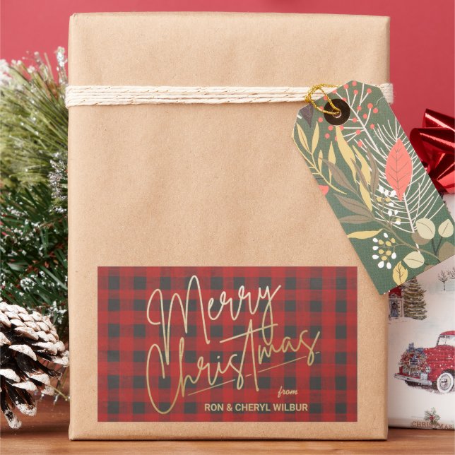 Gold Merry Christmas Red Buffalo Plaid Sticker (Holiday)