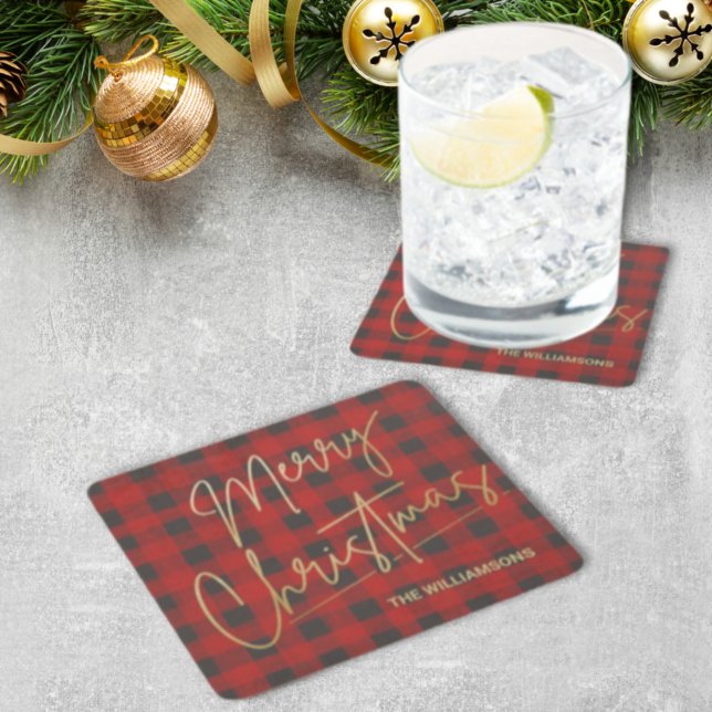 Gold Merry Christmas Red Buffalo Square Paper Coaster (Creator Uploaded)