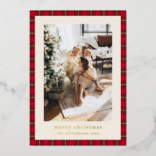 Gold Merry Christmas Red Green Plaid Family Photo Foil Holiday Card