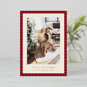 Gold Merry Christmas Red Green Plaid Family Photo Foil Holiday Card