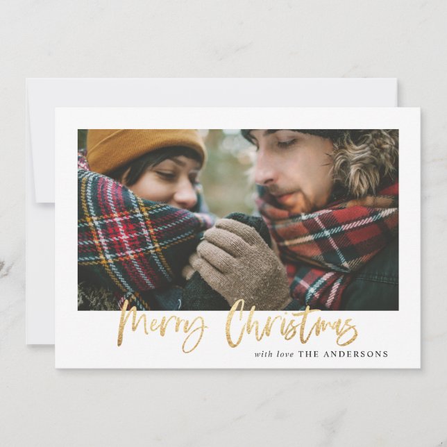 Gold merry christmas red plaid photo card (Front)