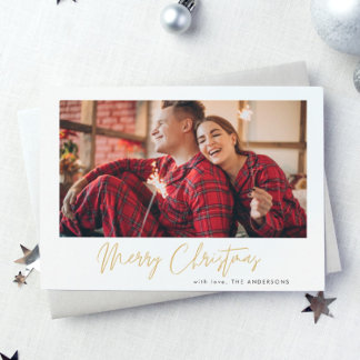 Gold Merry Christmas | Red Plaid Photo Holiday Card
