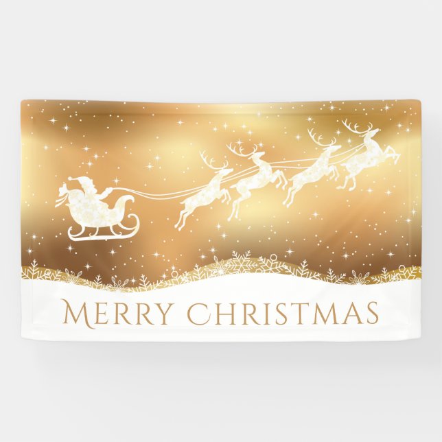 Gold Merry Christmas Santa Reindeer Silhouette Banner (Horizontal)