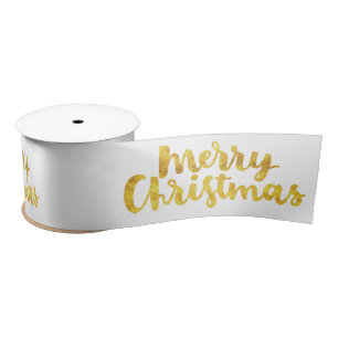 Gold Merry Christmas Script Calligraphy on white Satin Ribbon