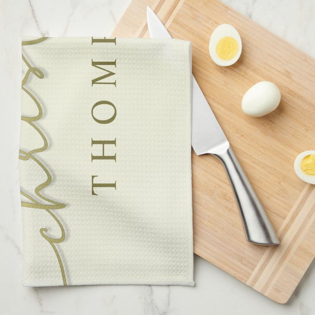 Gold Merry Christmas Script Personalized Kitchen Towel (Quarter Fold)