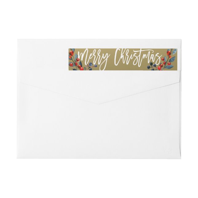 Gold Merry Christmas Script Red Berries Holiday Wrap Around Label (Back)