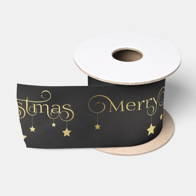 Gold Merry Christmas Stars Satin Ribbon (Spool)