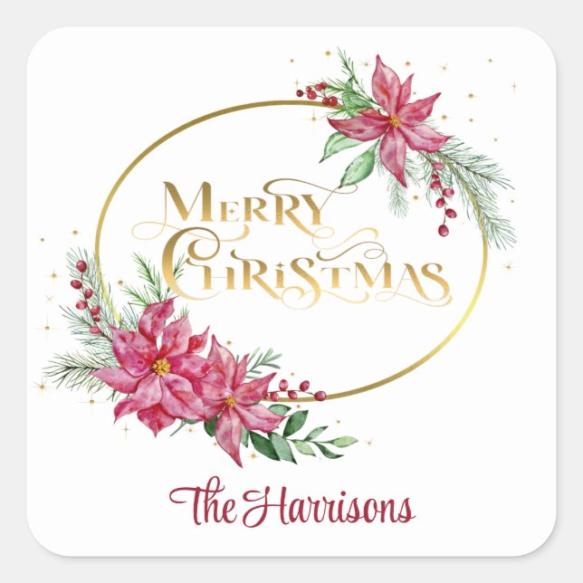 Gold Merry Christmas Text w/Poinsettias and Pine Square Sticker (Front)