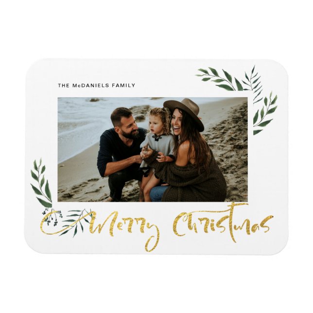 Gold Merry Christmas Three Photo Holiday Magnet (Horizontal)