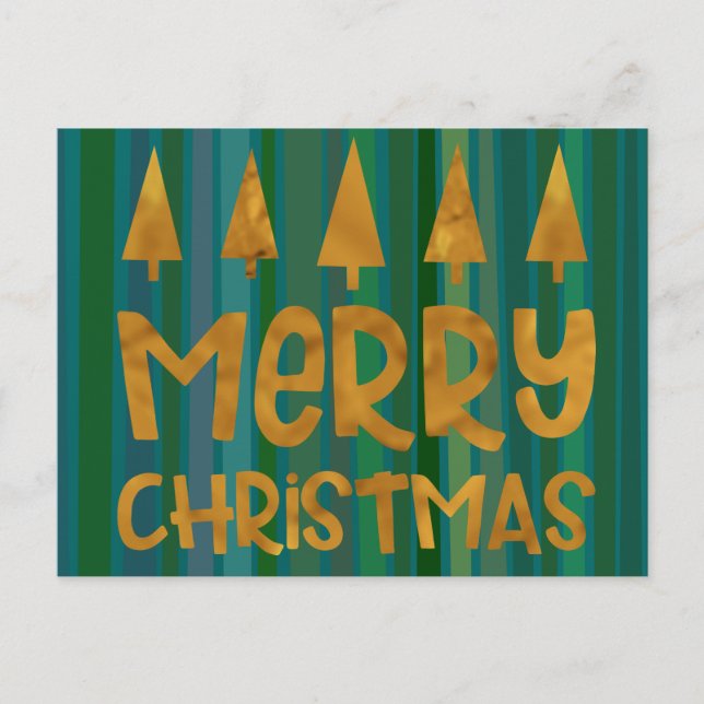Gold Merry Christmas & Trees w/ Green Stripes Postcard (Front)