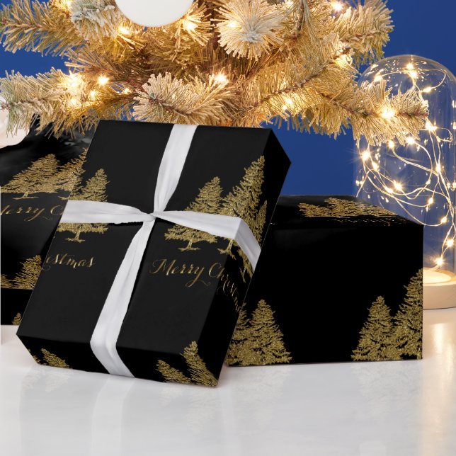 Gold Merry Christmas Trees Wrapping Paper (Holidays)