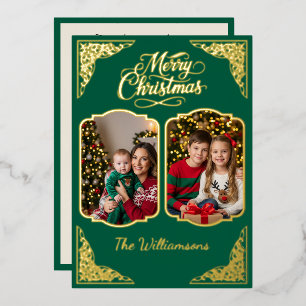 Gold Merry Christmas, two picts, green, Gold Foil Holiday Card