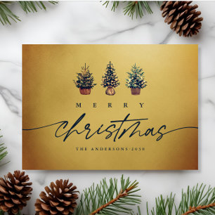 Gold Merry Christmas Watercolor Tree Green Script  Holiday Card
