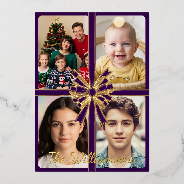 Gold Merry Christmas With Gold Bow, Pictures Foil Holiday Card (Front)