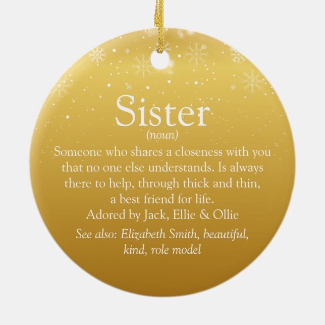 Gold Merry Christmas Worlds Best Sister Definition Ceramic Ornament (Back)