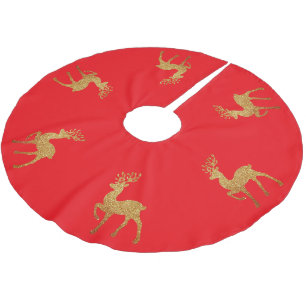 Gold Merry Christmas Xmas santa reindeer Red  Brushed Polyester Tree Skirt
