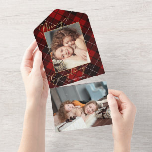 Gold Merry Everything Calligraphy Red Plaid Photo All In One Invitation