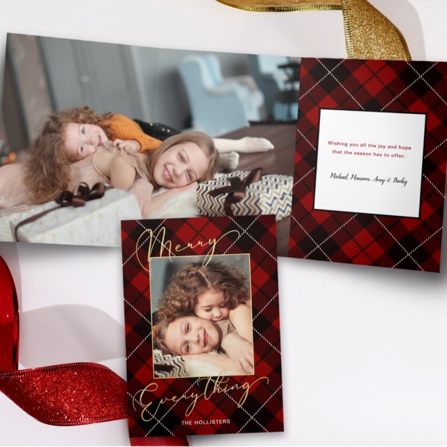 Gold Merry Everything Calligraphy Red Plaid Photo Tri-Fold Card (Creator Uploaded)