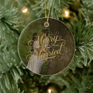 Gold Merry & Married First Christmas Photo Holiday Ceramic Ornament