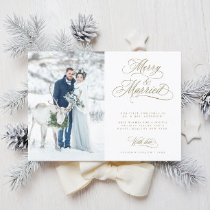 Gold Merry & Married Newly Weds Christmas Photo Holiday Card