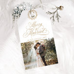 Gold Merry & Married Newly Weds Photo Gift Tags<br><div class="desc">This Christmas gift tag features elegant and romantic swirly calligraphy lettering with a photo,  and a simple Christmas wreath pattern on the back. For more advanced customization of this design,  please click the BLUE DESIGN TOOL BUTTON above!</div>