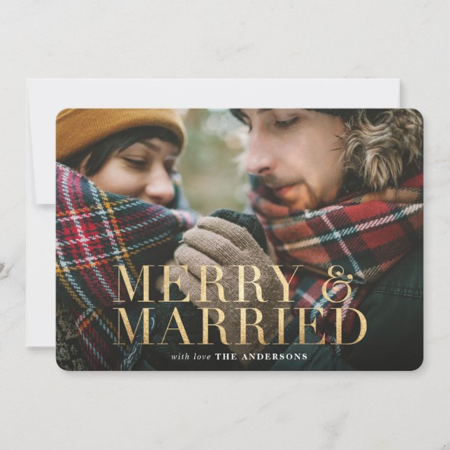 Gold Merry & Married red plaid photo card (Front)