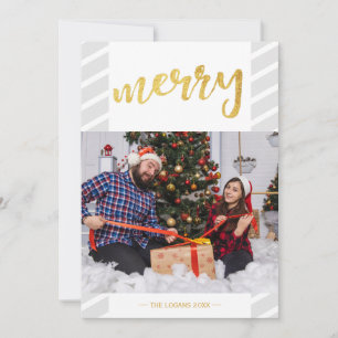 Gold Merry Photo Collage Gray Stripes Christmas Holiday Card