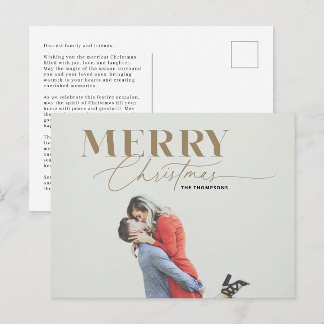 Gold Merry Script Serif Christmas Photo Postcard (Front/Back)