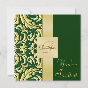 Gold Metal Damask Green Holiday Invitation
