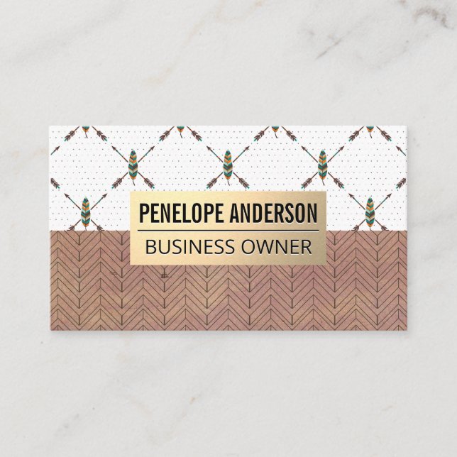 Gold Metal | Feather Bohemian Pattern Business Card (Front)
