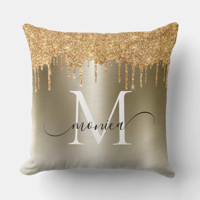 Gold Metal Glitter Drips Monogram Name Throw Pillow (Front)
