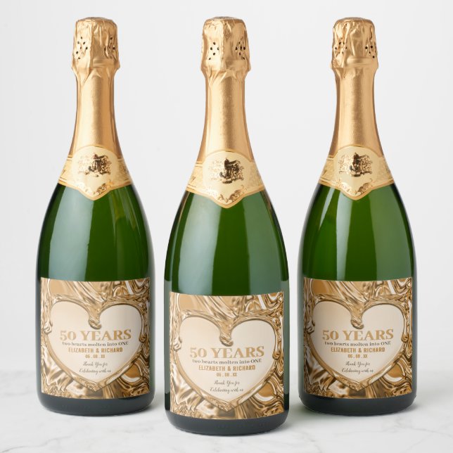 Gold Metal Heart Wedding Anniversary Sparkling Wine Label (Bottles)