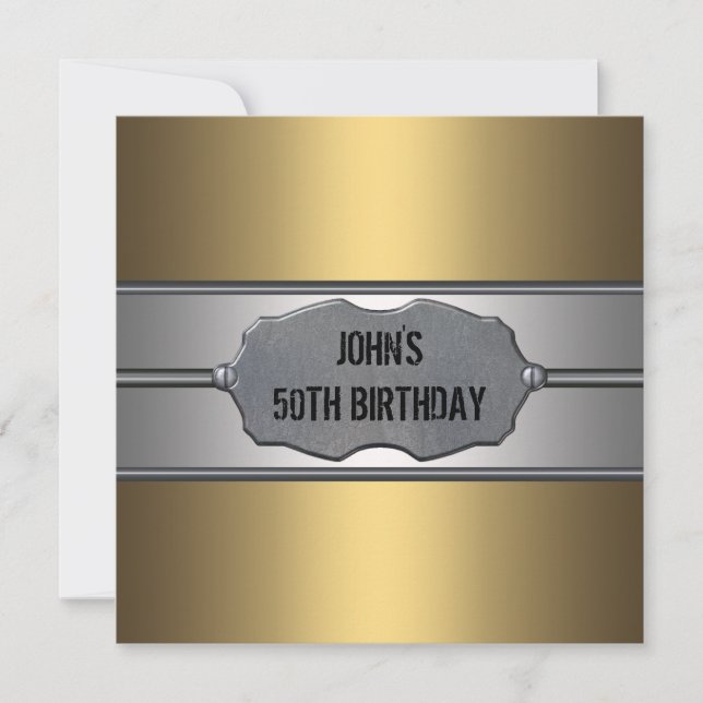 Gold Metal Mans 50th Birthday Party Invitation (Front)