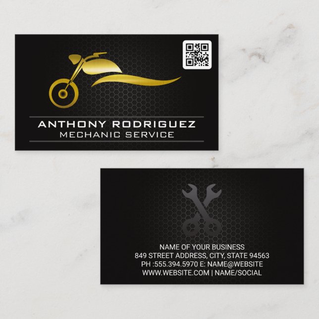 Gold Metal Motorcycle Logo | QR Code Business Card (Front/Back)