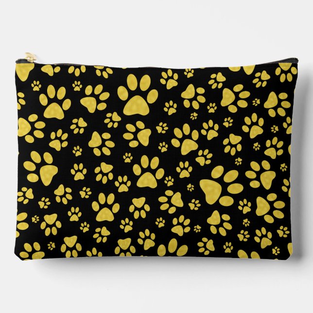 Gold metal pattern paws on black background accessory pouch (Front)