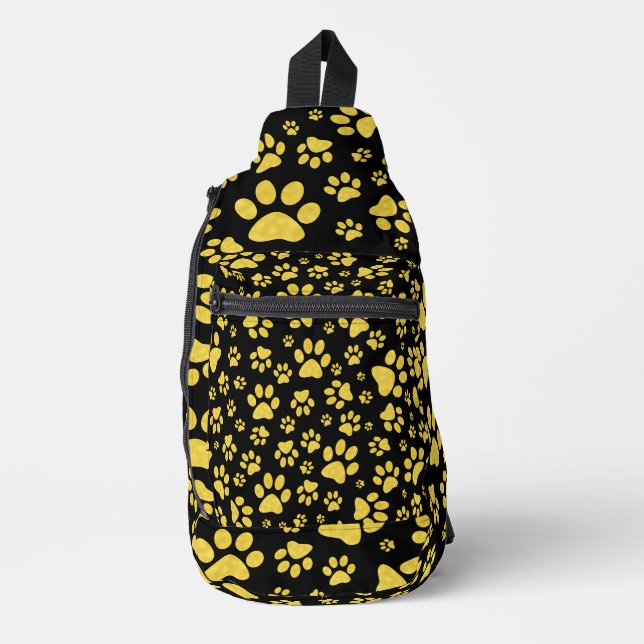 Gold metal pattern paws on black background sling bag (Front)