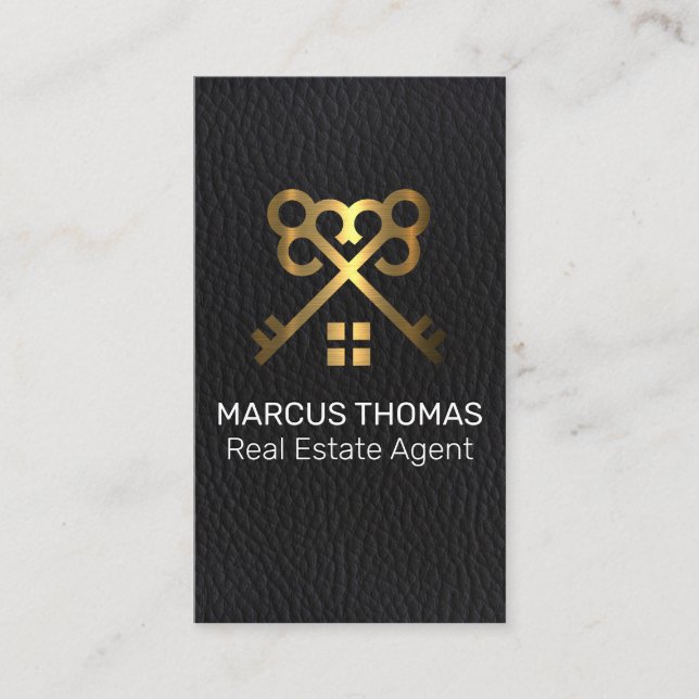 Gold Metal Skeleton Key | Black Leather Appointment Card (Front)