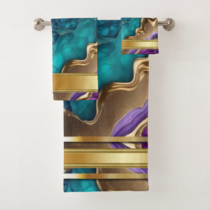 Gold Metallic Accents on Teal and Purple Swirls  Bath Towel Set