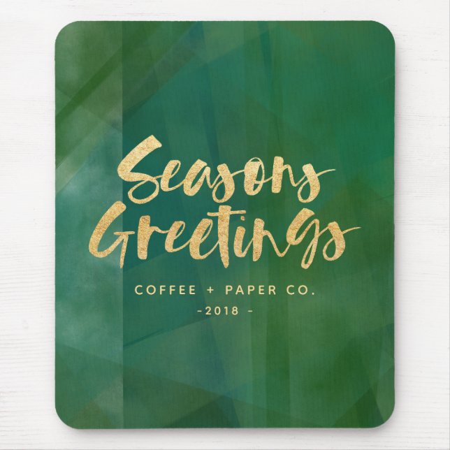 Gold metallic and green seasons greetings mouse pad (Front)