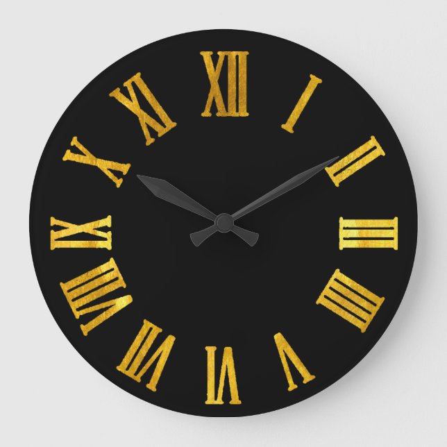 Gold Metallic Black Minimal Roman Numbers Large Clock (Front)