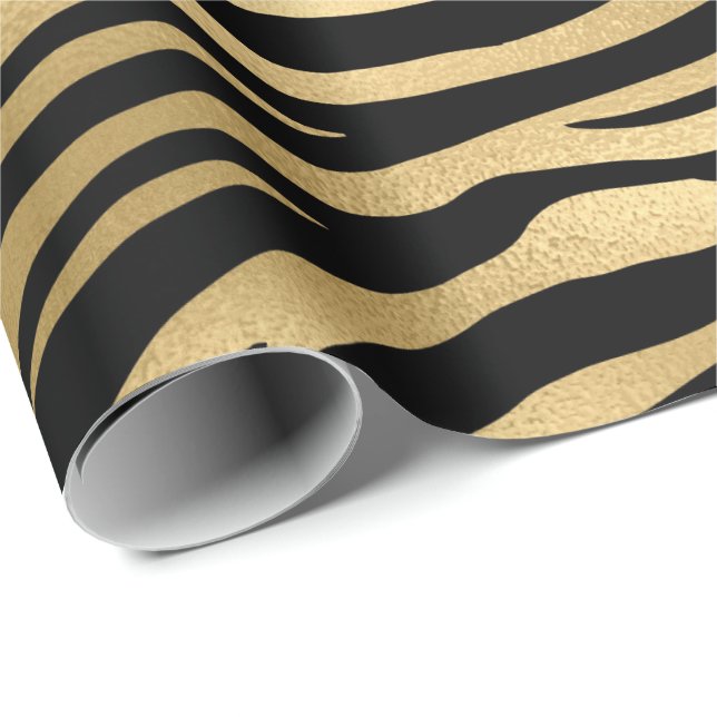 Gold Metallic Black Tiger Animal Skin Elegant Fur Wrapping Paper (Roll Corner)